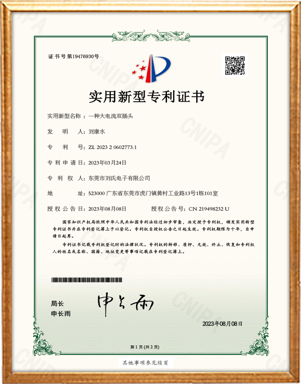 一种大电流双插头--实用证书.png